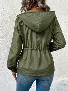 SHEIN LUNE CURVE 大尺碼女款連帽抽繩短款防風夾克，寬鬆袖口薄款工裝外套，休閒顯瘦百搭防曬防風外套 - 軍綠色 - 查看 2