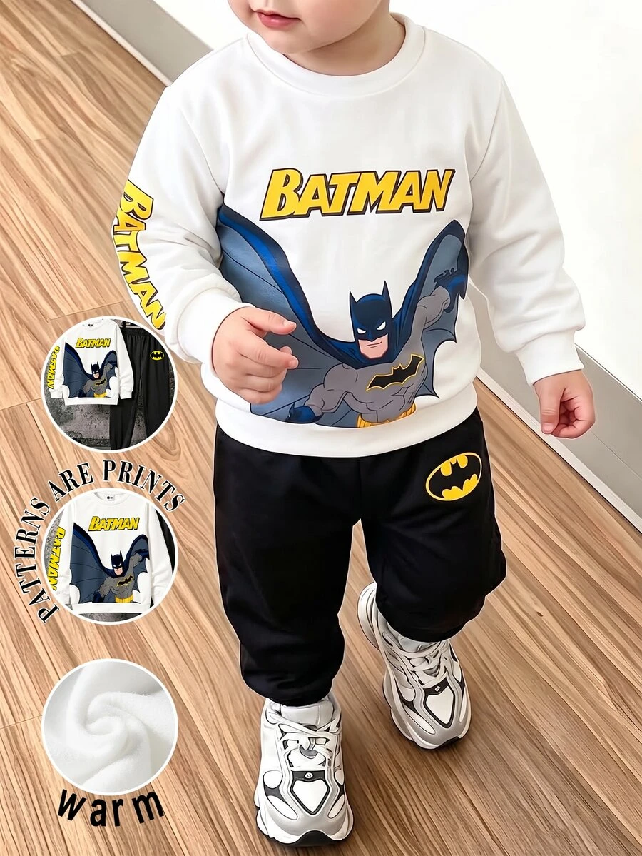 BATMAN X SHEIN 2pcs Young Boy Casual Cartoon Print Round Neck Long Sleeve Sweatshirt And Sweatpants Set Fleece - Multicolor - View 1