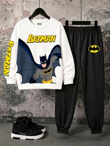 BATMAN X SHEIN 2pcs Young Boy Casual Cartoon Print Round Neck Long Sleeve Sweatshirt And Sweatpants Set Fleece - Multicolor - View 4
