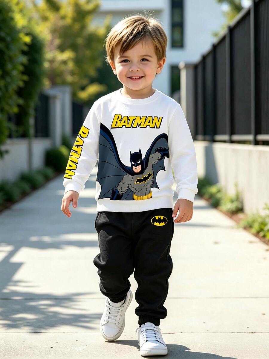 BATMAN X SHEIN 2pcs Young Boy Casual Cartoon Print Round Neck Long Sleeve Sweatshirt And Sweatpants Set Fleece - Multicolor - View 1