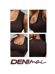 Denimoi Everyday Wear Essential Crop Top Cropped Tank Top Layering Fashion Streetwear Sexy Scoop Tank - Mocha Brown - View 2
