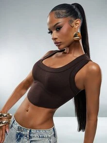Denimoi Everyday Wear Essential Crop Top Cropped Tank Top Layering Fashion Streetwear Sexy Scoop Tank - Mocha Brown - View 5