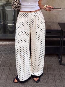 SHEIN PETITE CURVE Plus Size Women's Spring/Summer Loose Casual Everyday Versatile Polka Dot Print Contrast Lace Trim Design Long Pants Fall - Black and White - View 1