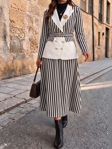 SHEIN Clasi Plus Size Women's Spring/Summer Classic Striped Patchwork Design Business Fashion Long Sleeve Blazer And Minimalist A-Line Striped Skirt Suit Set, Business Commute Daily - Multicolor - View 3