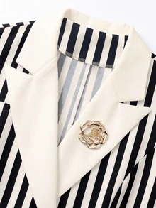 SHEIN Clasi Plus Size Women's Spring/Summer Classic Striped Patchwork Design Business Fashion Long Sleeve Blazer And Minimalist A-Line Striped Skirt Suit Set, Business Commute Daily - Multicolor - View 5