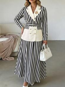 SHEIN Clasi Plus Size Women's Spring/Summer Classic Striped Patchwork Design Business Fashion Long Sleeve Blazer And Minimalist A-Line Striped Skirt Suit Set, Business Commute Daily - Multicolor - View 6