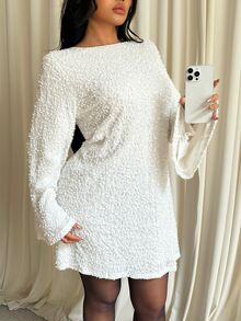 GalTyme Plus Size Women's Fashion Elegant Round Neck Back Bow Design Woven Sequin Dress - Beige - View 5