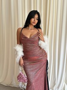 GalTyme 大尺碼女款亮面垂領側抽繩時尚細肩帶洋裝聖誕款 - 紅色 - 查看 4