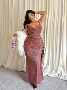 GalTyme 大尺碼女款亮面垂領側抽繩時尚細肩帶洋裝聖誕款 - 紅色 - 查看 5