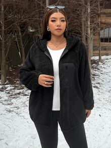 Muchica Plus Size Women's Raglan Long Sleeve Zip-Up Hooded Jacket Winter - Black - View 6
