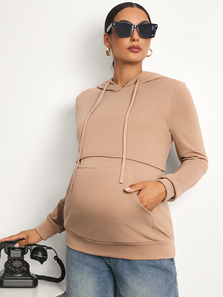MaterniWear Maternity Casual Solid Color Hooded Sweatshirt, Autumn/Winter - Camel - View 8
