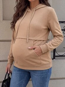 MaterniWear Maternity Casual Solid Color Hooded Sweatshirt, Autumn/Winter - Camel - View 3