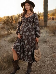 Boho Mama Maternity Vacation Paisley Pattern Twist Design Long Sleeve Casual Dress - Coffee - View 8