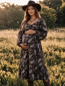 Boho Mama Maternity Vacation Paisley Pattern Twist Design Long Sleeve Casual Dress - Coffee - View 2