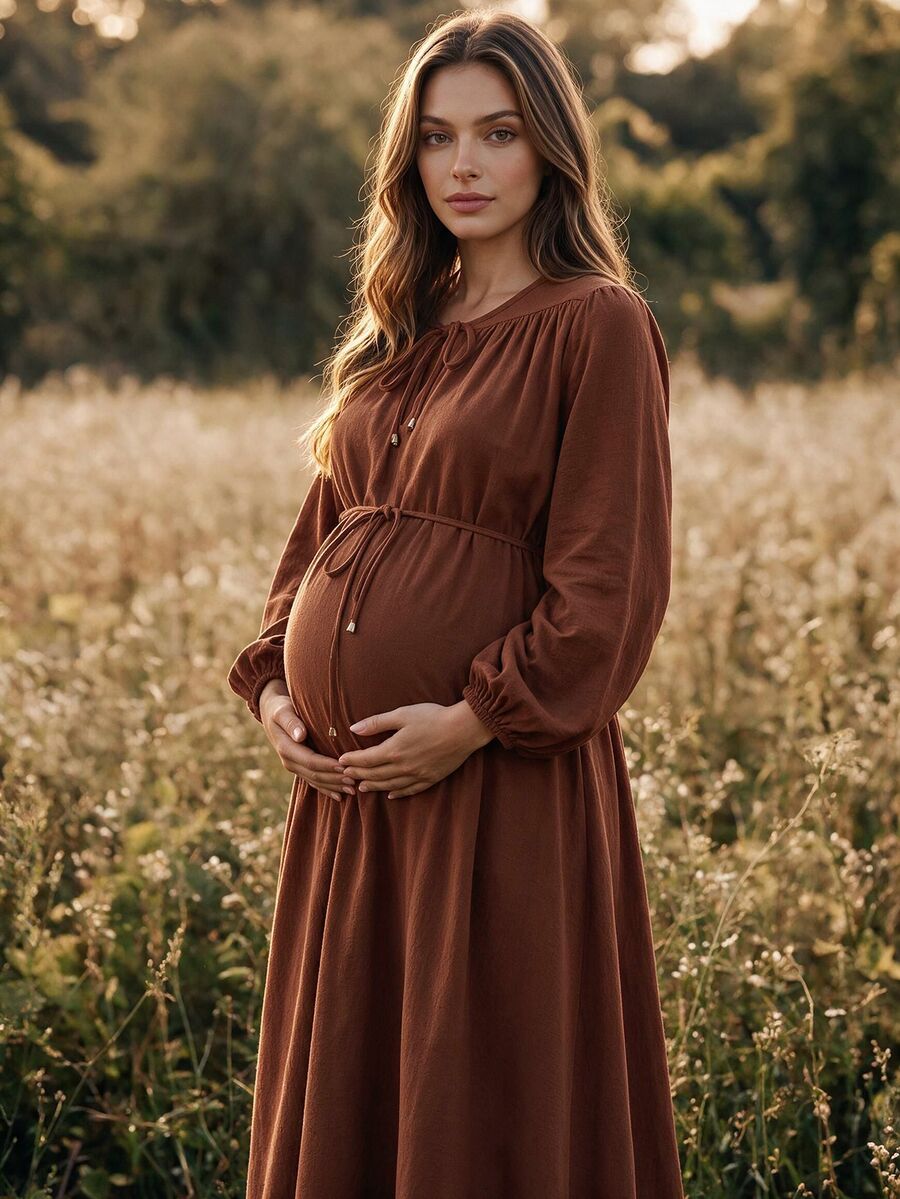 Boho Mama Maternity Vacation Casual Solid Color Dress Fall - Brown - View 1