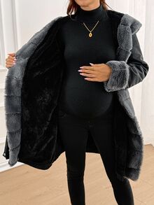 SHEIN Maternity Solid Color Long Sleeve Patchwork Faux Fur Drawstring Waist Hooded Jacket Winter - Multicolor - View 6