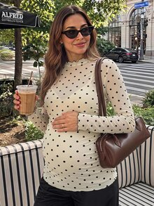 Lyckli Maternity Autumn Casual Polka Dot Fitted T-Shirt Winter - Apricot - View 1