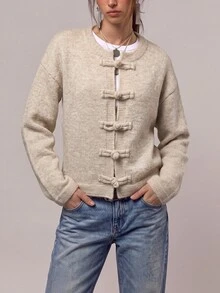 Freevana Women's New Chinese Style Round Neck Long Sleeve Casual Knit Cardigan - Apricot - View 6
