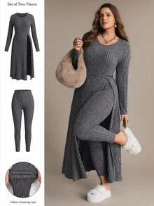 SHEIN VCAY 羅紋針織兩件套，長開衩上衣搭配彈性內搭褲，舒適居家休閒至街頭穿搭秋季套裝 - 深灰色 - 查看 1
