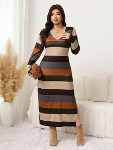 Comfylo Plus Size Women's Long Sleeve Elastic Knit Soft Comfortable Mid-Length Fitted V-Neck Striped Print Casual Everyday Dress - Multicolor - View 5