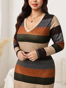 Comfylo Plus Size Women's Long Sleeve Elastic Knit Soft Comfortable Mid-Length Fitted V-Neck Striped Print Casual Everyday Dress - Multicolor - View 7
