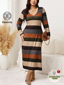 Comfylo Plus Size Women's Long Sleeve Elastic Knit Soft Comfortable Mid-Length Fitted V-Neck Striped Print Casual Everyday Dress - Multicolor - View 8
