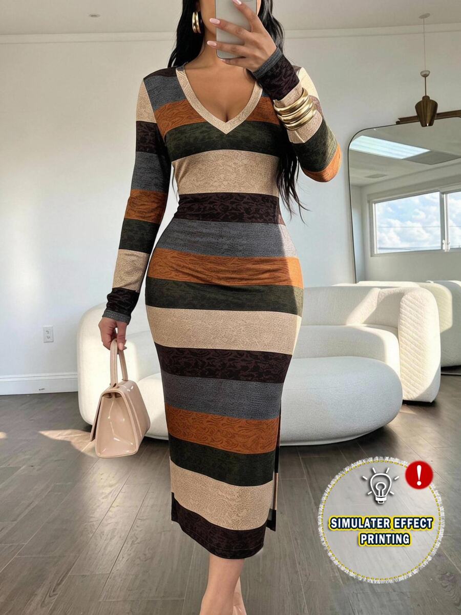 Comfylo Plus Size Women's Long Sleeve Elastic Knit Soft Comfortable Mid-Length Fitted V-Neck Striped Print Casual Everyday Dress