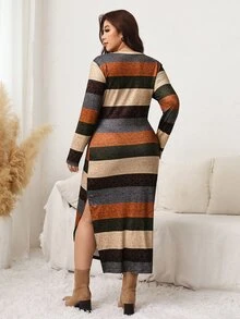 Comfylo Plus Size Women's Long Sleeve Elastic Knit Soft Comfortable Mid-Length Fitted V-Neck Striped Print Casual Everyday Dress - Multicolor - View 3
