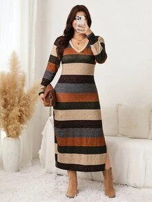 Comfylo Plus Size Women's Long Sleeve Elastic Knit Soft Comfortable Mid-Length Fitted V-Neck Striped Print Casual Everyday Dress - Multicolor - View 6