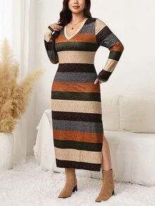 Comfylo Plus Size Women's Long Sleeve Elastic Knit Soft Comfortable Mid-Length Fitted V-Neck Striped Print Casual Everyday Dress - Multicolor - View 4