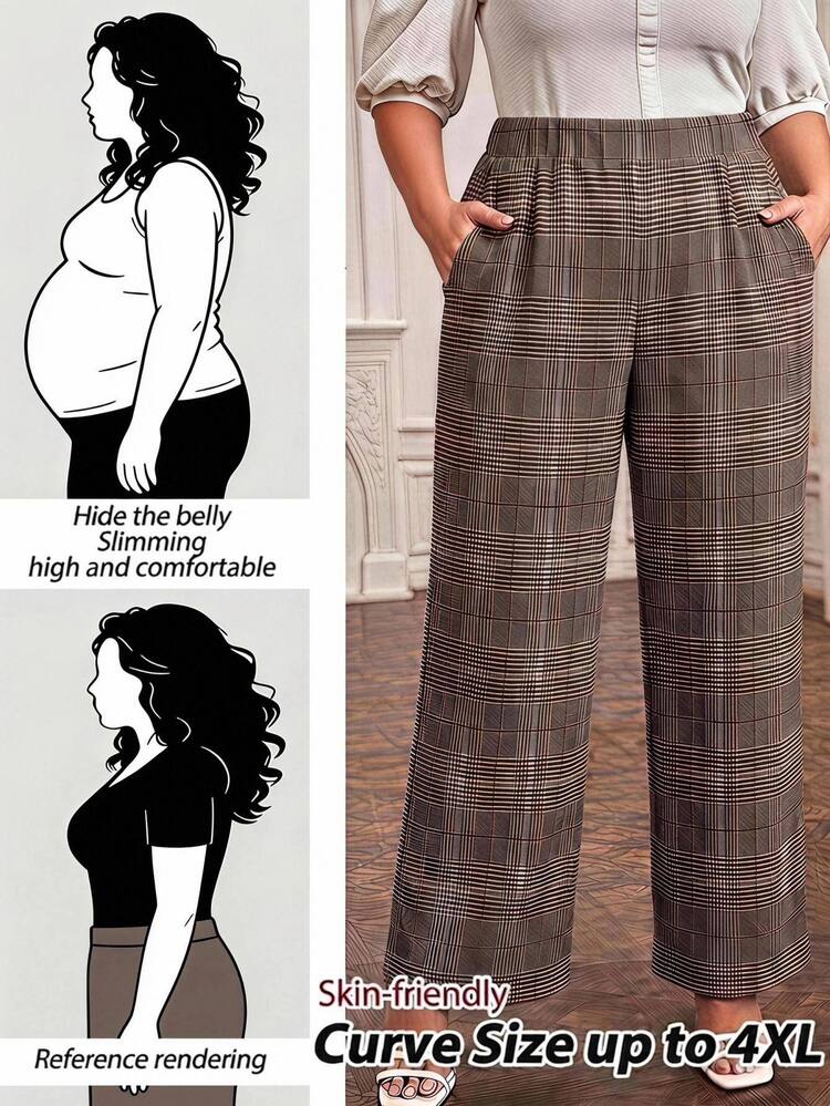 SHEIN LUNE Curvy Plus Size Women's Elegant Casual Brown Plaid High Waist Straight-Leg Pants With Pocket,Autumn Trousers,Vintage Commuting Office Business Formal - Brown - View 1
