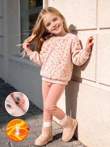 Young Girls Floral Hoodie & Sweatshirt Co-Ords, Autumn, Fall Tops Round Neck Long Sleeve Fuzzy Top Paired With Solid Color Pants - Pink - View 4