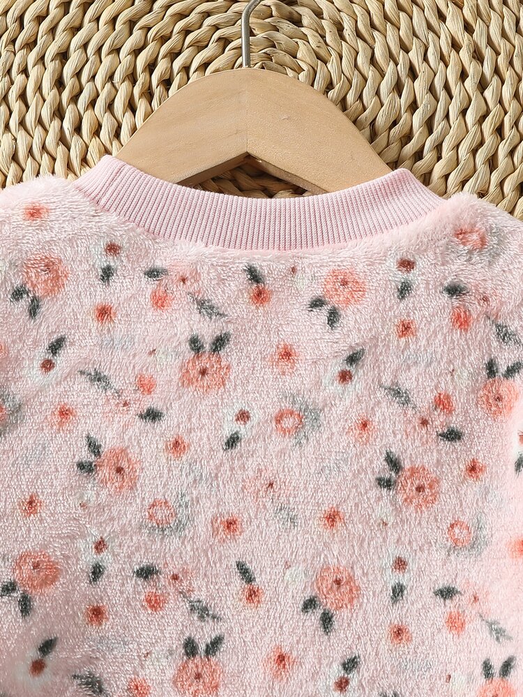 Toddler Girls Fleece Sweatshirt Set - Floral Flannel Pullover Top + Solid Color Elastic Leggings 2-Piece Outfit - Pink - View 5