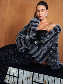 MOTF Damen Vintage Mode Kunstpelz Mantel für Abendparty - Grau - Übersicht 3