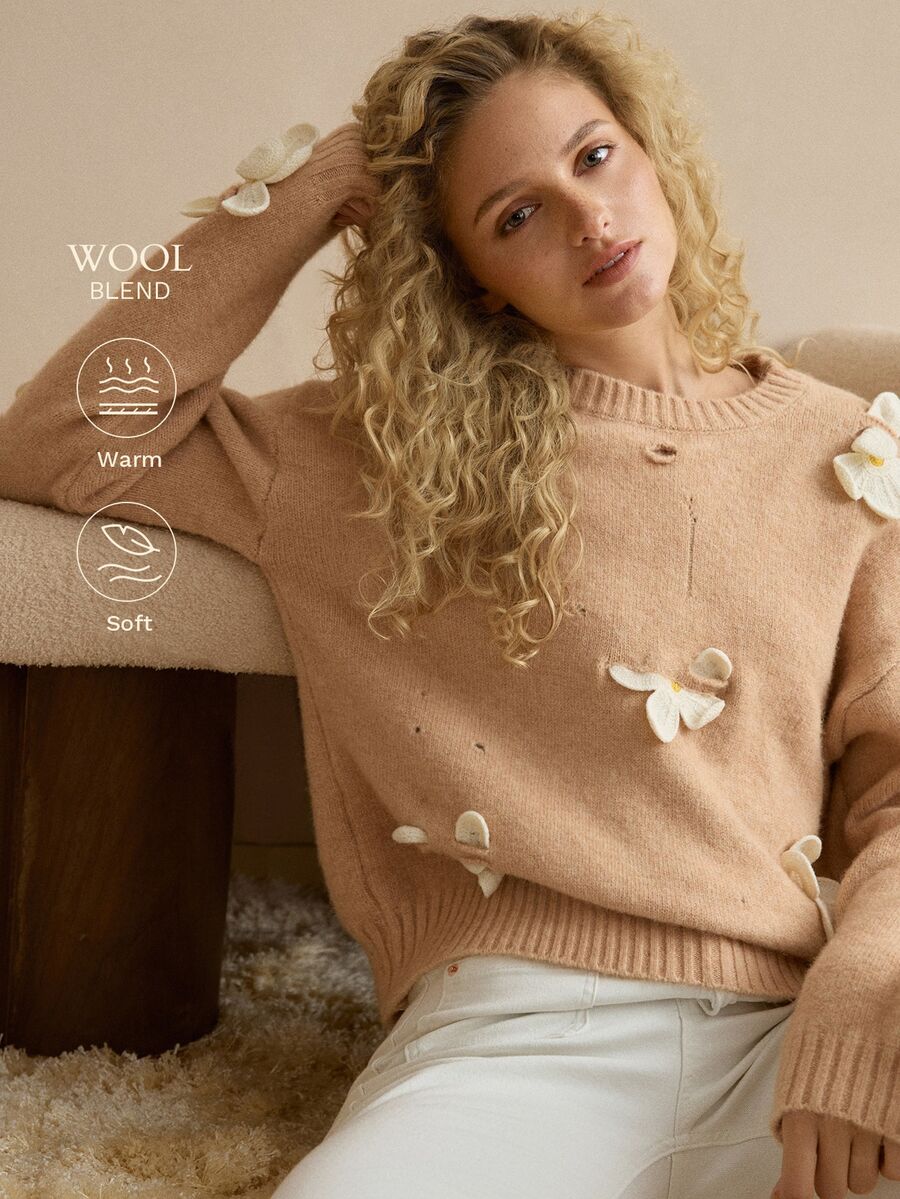 MOTF PREMIUM WOOL FLOWER DECOR DROP SHOULDER SWEATER - Baby Pink - View 2