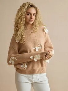 MOTF PREMIUM WOOL FLOWER DECOR DROP SHOULDER SWEATER - Baby Pink - View 4