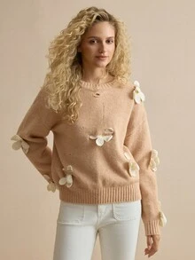MOTF PREMIUM WOOL FLOWER DECOR DROP SHOULDER SWEATER - Baby Pink - View 3