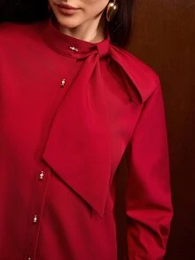 MOTF PREMIUM WOMEN'S ELEGANT LONG SLEEVE SINGLE-BREASTED BLOUSE WITH LARGE BOW - Red - View 2