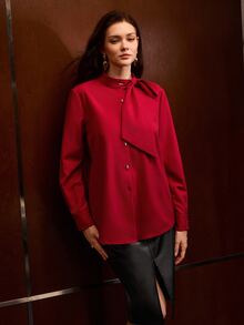 MOTF PREMIUM WOMEN'S ELEGANT LONG SLEEVE SINGLE-BREASTED BLOUSE WITH LARGE BOW - Red - View 4