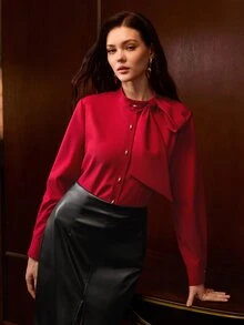MOTF PREMIUM WOMEN'S ELEGANT LONG SLEEVE SINGLE-BREASTED BLOUSE WITH LARGE BOW - Red - View 6