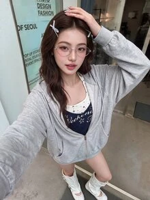 K-Vae 秋冬款灰色纯色连帽卫衣 - 灰色 - 查看 3