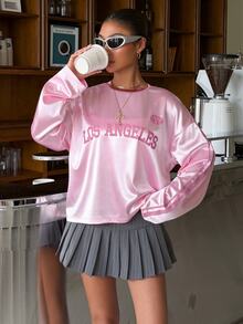 Muchica Women's Colorblock Trim Letter Print Casual Fashion Versatile Long Sleeve Top - Baby Pink - View 5