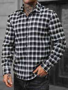 Manfinity Homme Men's Plaid Long Sleeve Single-Breasted Casual Shirt - Black - View 3