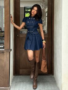 Rivivi Gaun Denim Wanita dengan Hiasan Resleting dan Kancing pada Lengan Motif Kelopak Bunga - Dark Wash - View 6