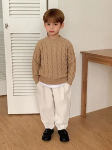 Dazy Kids 小男孩純色休閒百搭日常穿著長袖針織衫 - 卡其色 - 查看 3
