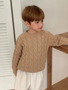 Dazy Kids 小男孩純色休閒百搭日常穿著長袖針織衫 - 卡其色 - 查看 5
