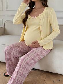 DAZY Solid Color Fitted Tank Top Loose Cardigan Straight Leg Plaid Pants Casual Home Daily Spring Autumn 3 Pieces Set Maternity 2 Pieces Set - Yellow - View 1