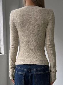 DAZY Solid Round Neck Fuzzy Tee Long Sleeve Women Tops,Fall Women Clothes - Apricot - View 2