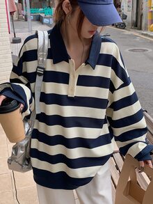 DAZY 女款翻領對比條紋寬鬆套頭休閒衛衣可愛上衣 - 藏蓝色 - 查看 6
