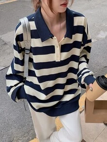 DAZY 女款翻領對比條紋寬鬆套頭休閒衛衣可愛上衣 - 藏蓝色 - 查看 4